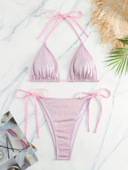  Metallic Halter Bra & Tie Side Panty Bikini Set