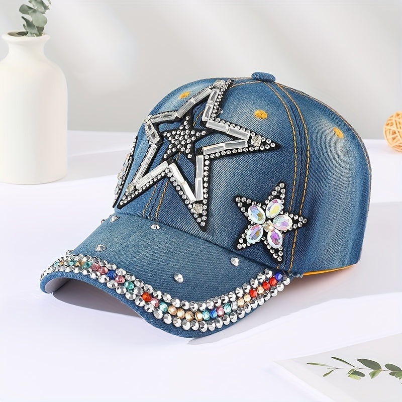 Distressed Denim Baseball Cap with Rhinestone Pentagram Patch