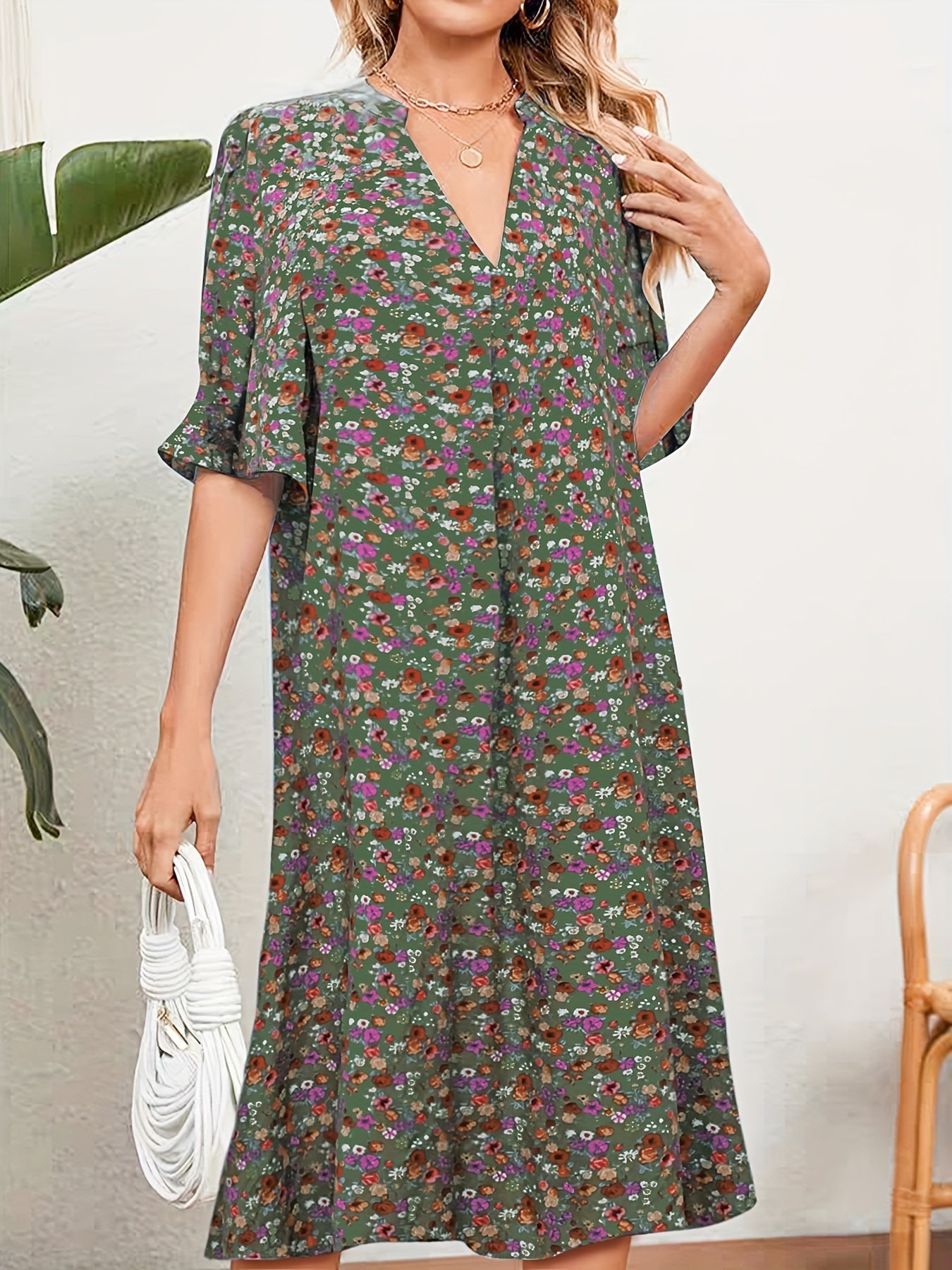  Floral Print Ruffle Trim Summer Dress