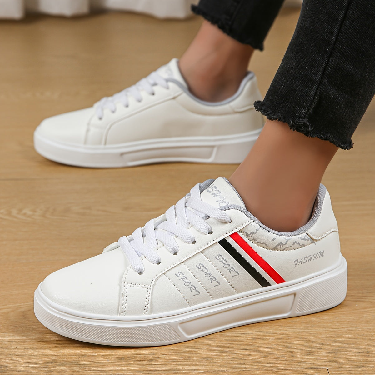 Stripes Pattern Faux Leather Skate Shoes Non Slip Flat Sneakers