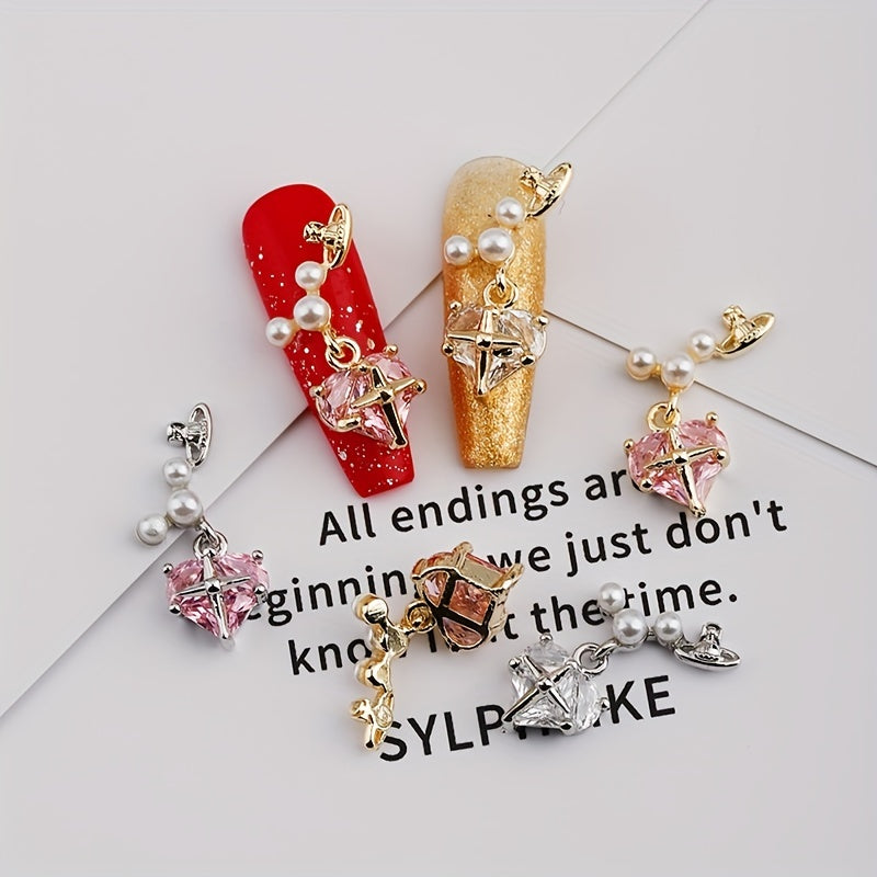 Heart Pearl Crystal Gems Nail Charms 2 Pcs