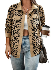  Leopard Print Corduroy Button Up Long Sleeve Shacket