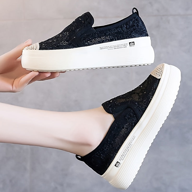 Women's Platform Lace Loafers Round Toe Hollow Out Slip On Shoes