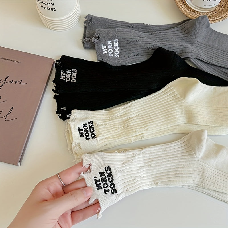 4 Pairs Letter Print Ripped Socks Comfy & Breathable Mid Tube Socks
