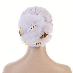 Mesh Pleated Flower Turban Cap Head Wrap Rhinestone Decor
