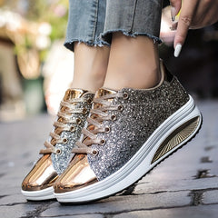 Women's Sequin Sparkly Wedge Lace Up Sneakers