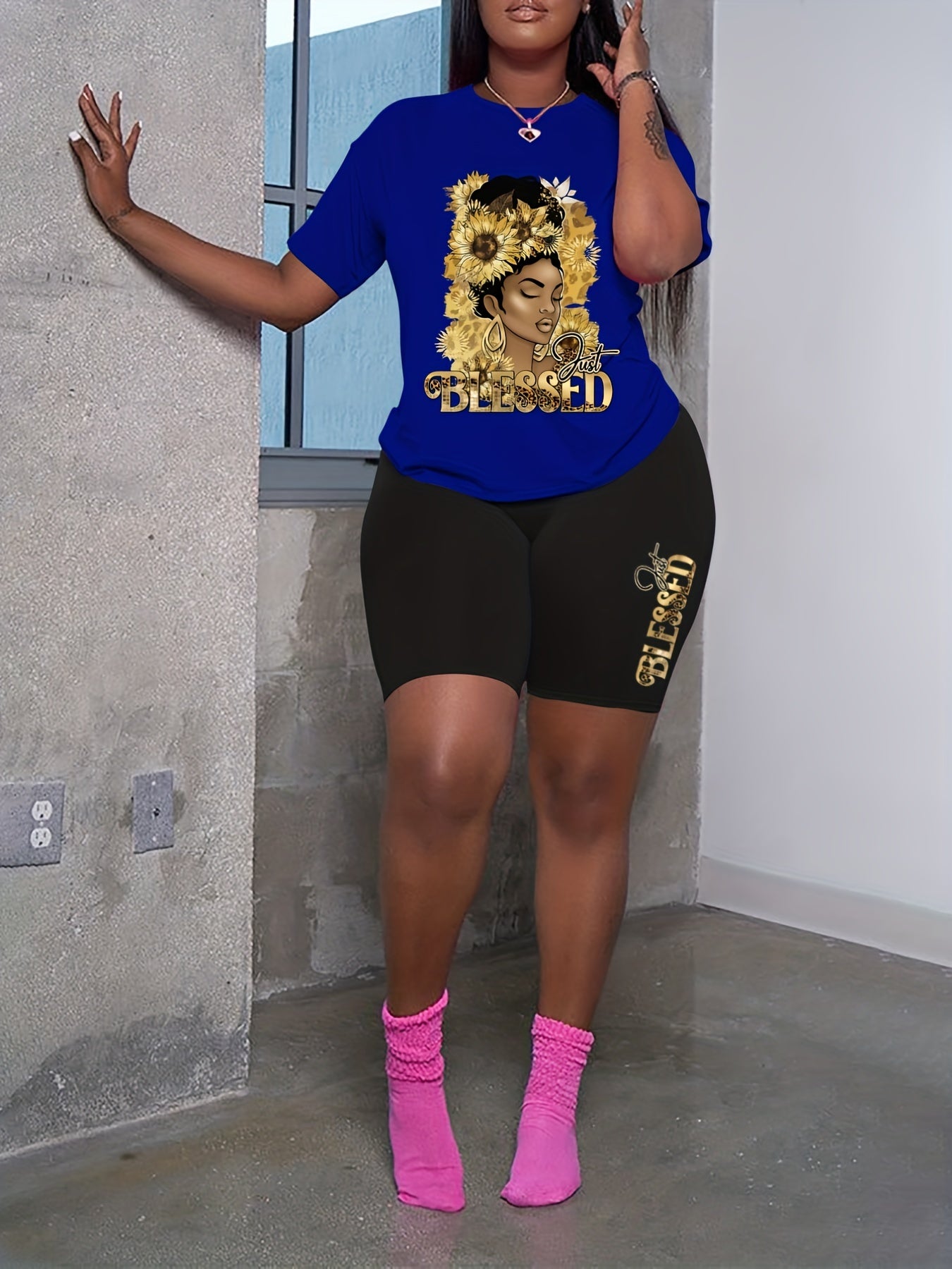 Flower Print Tee & Shorts Plus Size Set