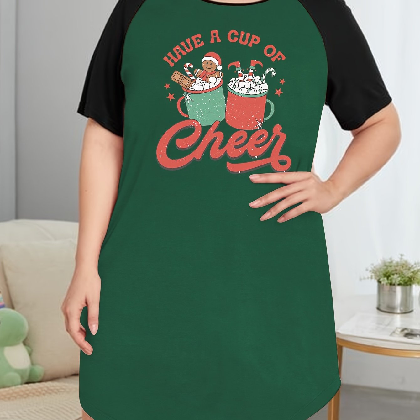  Christmas Nightdress Gingerbread Man & Cup Print Raglan Sleeve