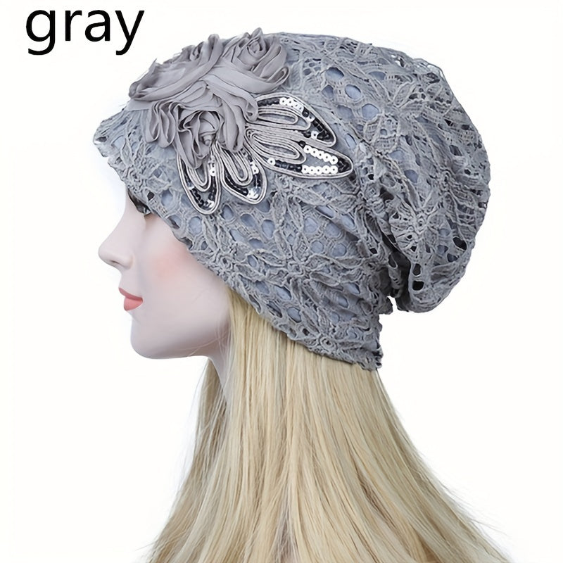 Flower Decor Lace Beanie Solid Turban Hat Lightweight Chemo Cap