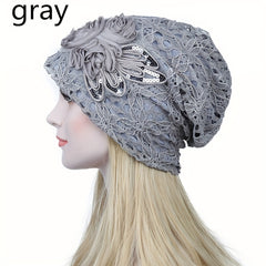 Flower Decor Lace Beanie Solid Turban Hat Lightweight Chemo Cap