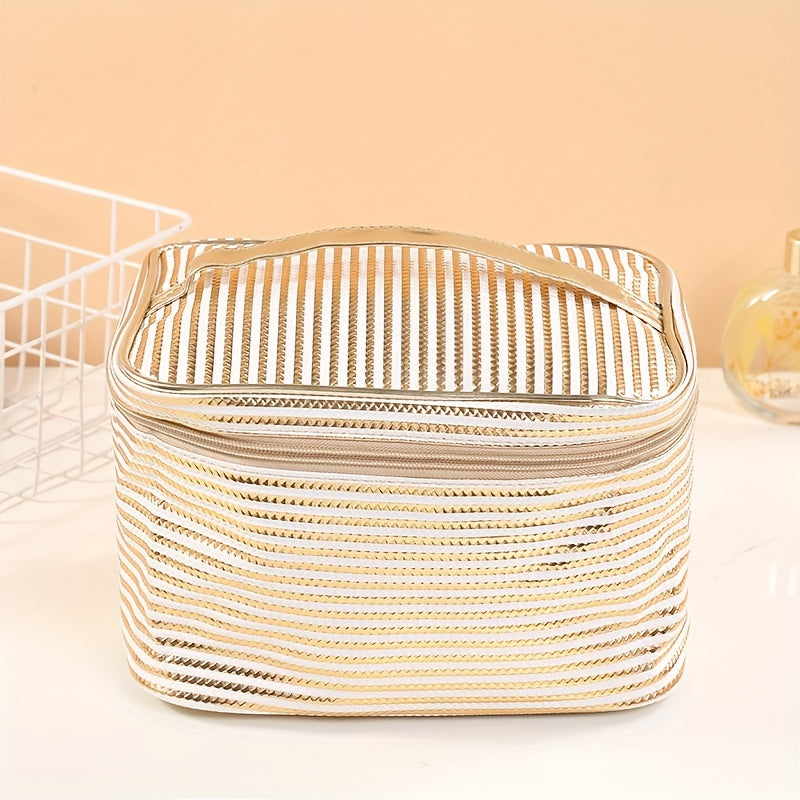 Stripe Printed Glossy Cosmetic Bag Waterproof Makeup Handbag