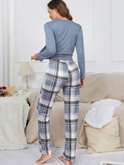 Bear Print Pajama Set Long Sleeve Top & Plaid Pants