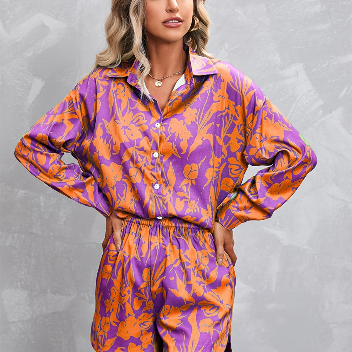 Women's Plus Floral Print Button Up Blouse & Shorts Set