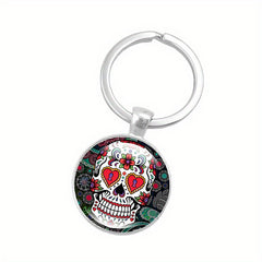 Mexican Sugar Skull Time Gem Keychain Pendant