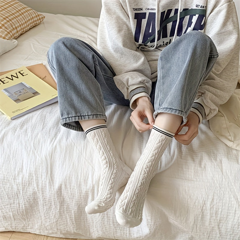 4 Pairs College Style Striped Textured Socks Women's Stockings