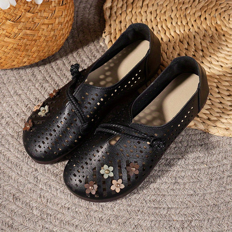 Women's Hollow Out Flat Shoes Flower Decor Slip On Casual Walking Flats