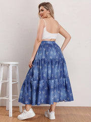  Floral Print Drawstring Elastic Maxi Skirt