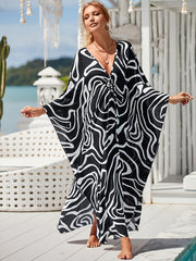  Abstract Linear Print V Neck Kaftan Dress