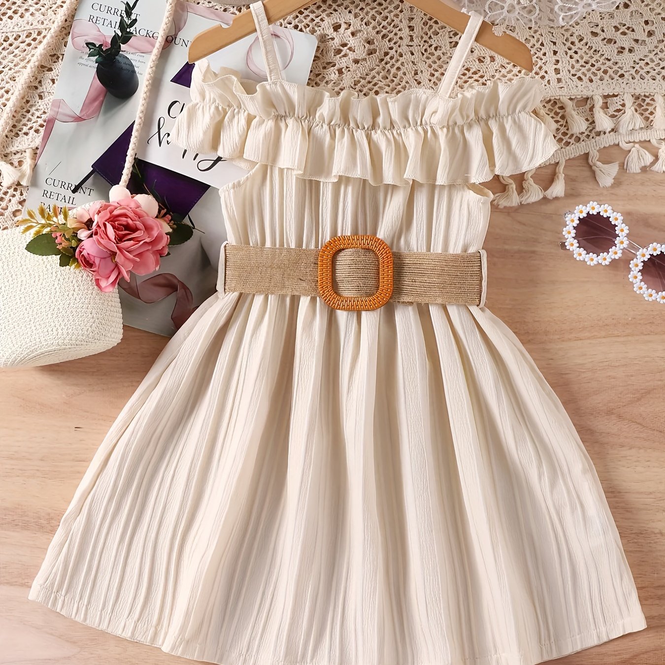 Girls' Off-Shoulder Princess Dress with Strappy Frills
