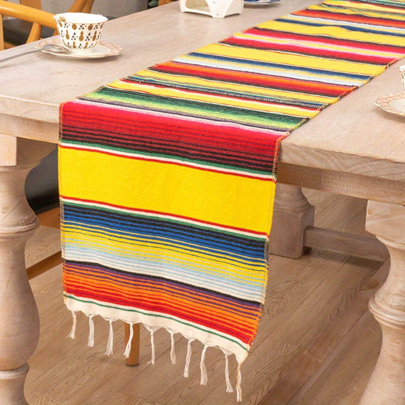 Rainbow Mexican Table Runner Tassel Ethnic Style TV Cabinet Doily Decorative Cov