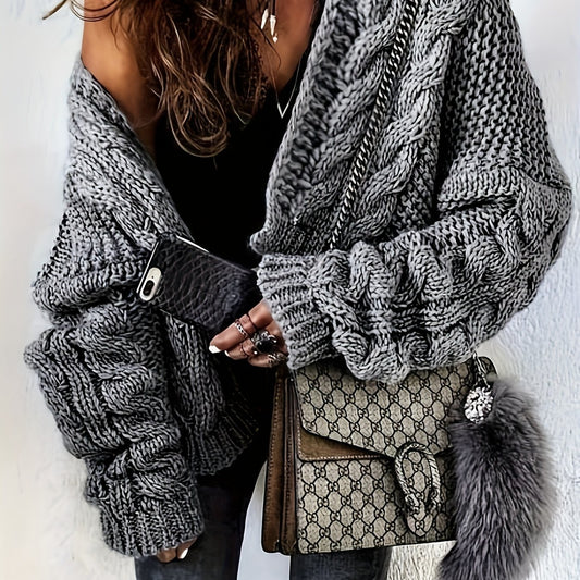 Solid Cable Knit Long Sleeve Open Front Sweater Cardigan