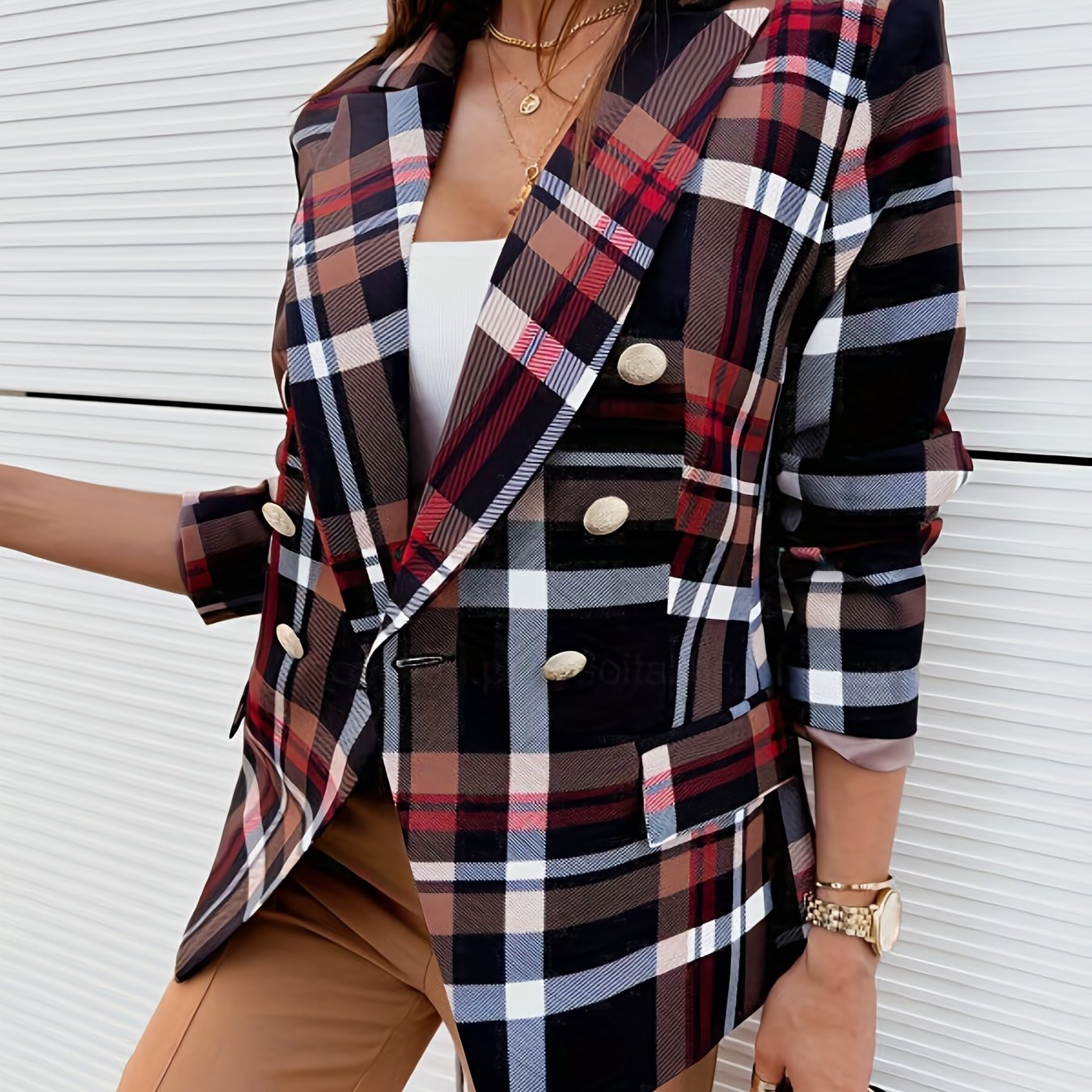  Plaid Print Double Button Blazer