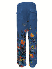 Men's Butterfly Pattern Straight Leg Pants Elastic Waist Beach Trousers