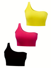 3pcs One Shoulder Straps Tops Solid Elastic Sports Top Women's Lingerie