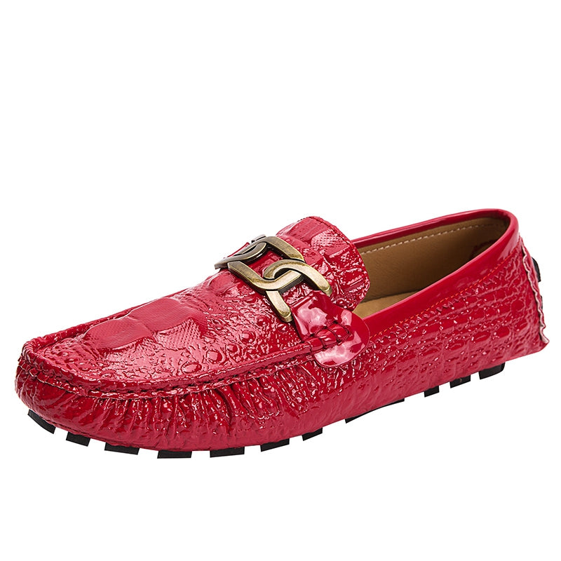Red Metal Buckled Loafers Anti slip Round Toe Flat Casual Shoes