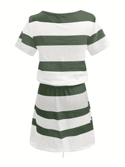 Striped V Neck Belt Casual Dress Women