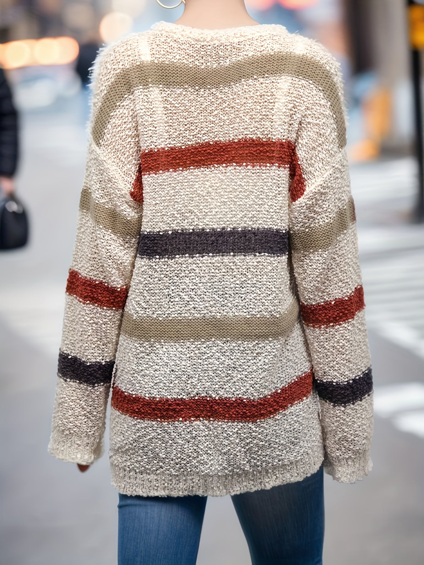  Casual Stripe Print Long Sleeve Round Neck Tunic Jumper