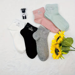 5 Pairs Crown Rhinestone Crew Short Socks Women's Stockings