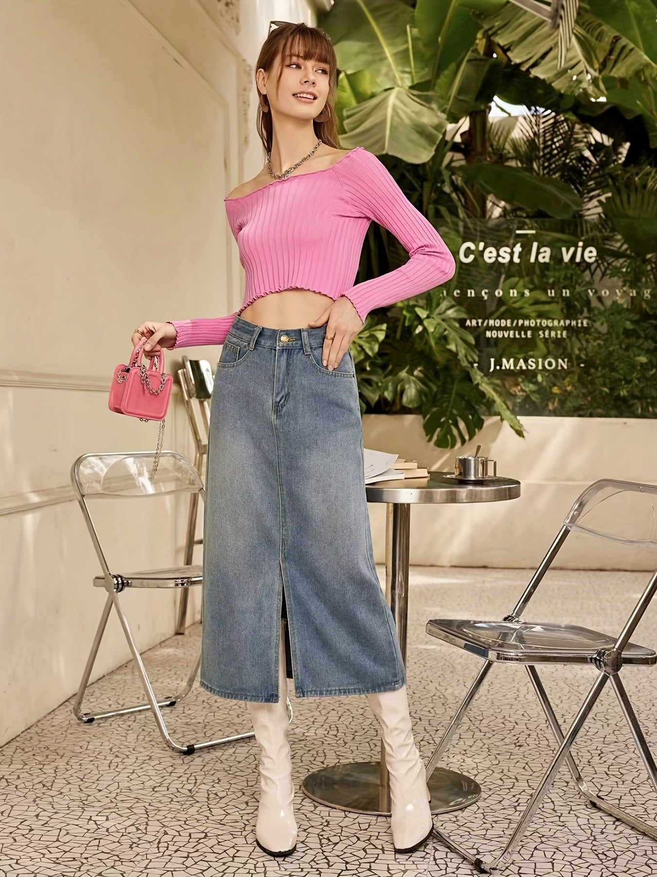 Front Slit Mid High Waist Denim Skirt Slash Pockets