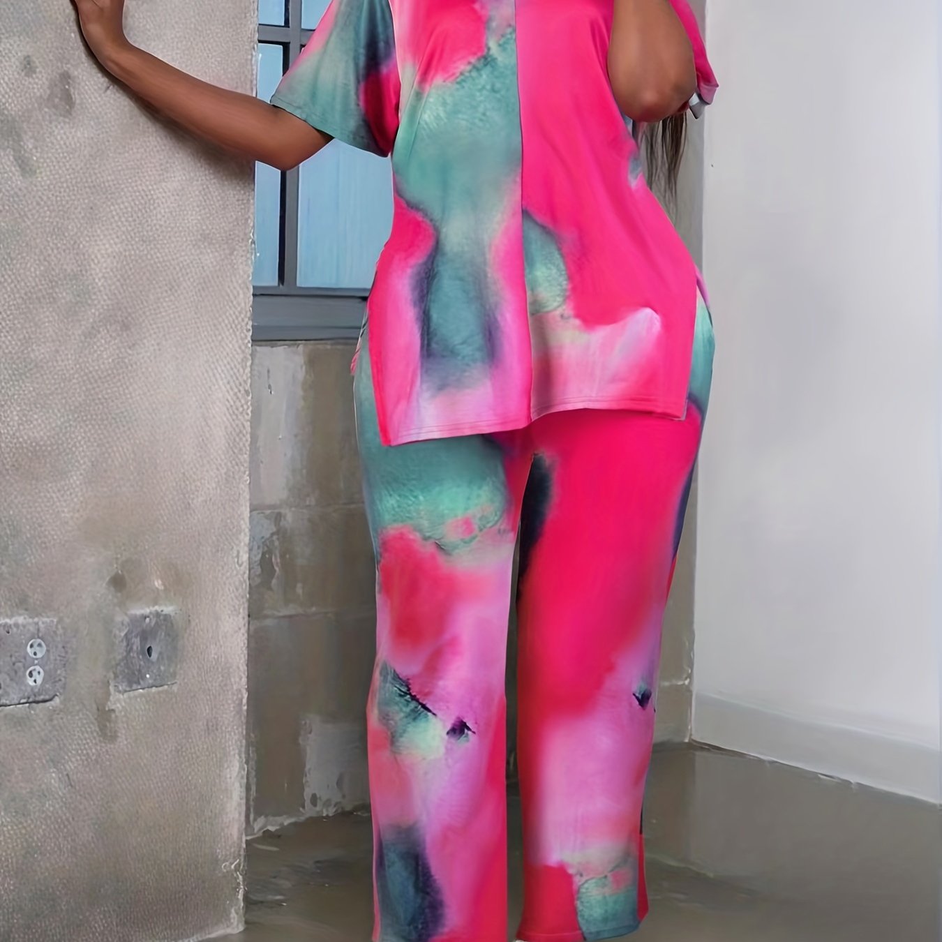  Tie Dye Short Sleeve V Neck Top & Pants Set