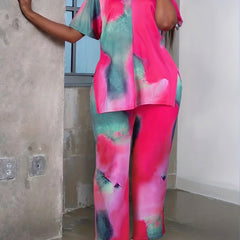  Tie Dye Short Sleeve V Neck Top & Pants Set