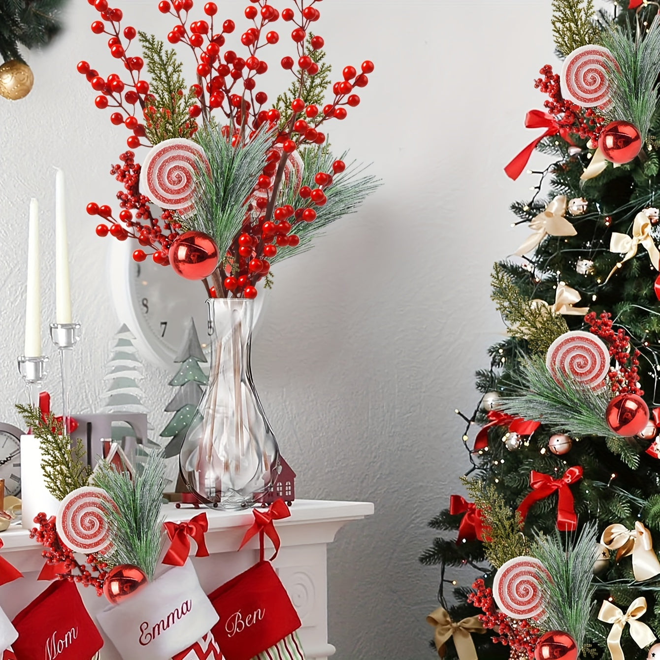 Artificial Christmas Candy Pine Needle Branch 30cm Plug-in Red Berry Decoration