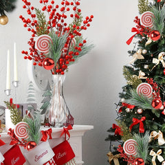 Artificial Christmas Candy Pine Needle Branch 30cm Plug-in Red Berry Decoration
