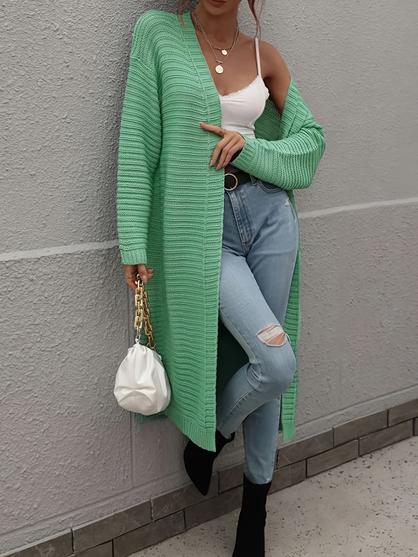  Solid Ribbed Long Sleeve Cardigan