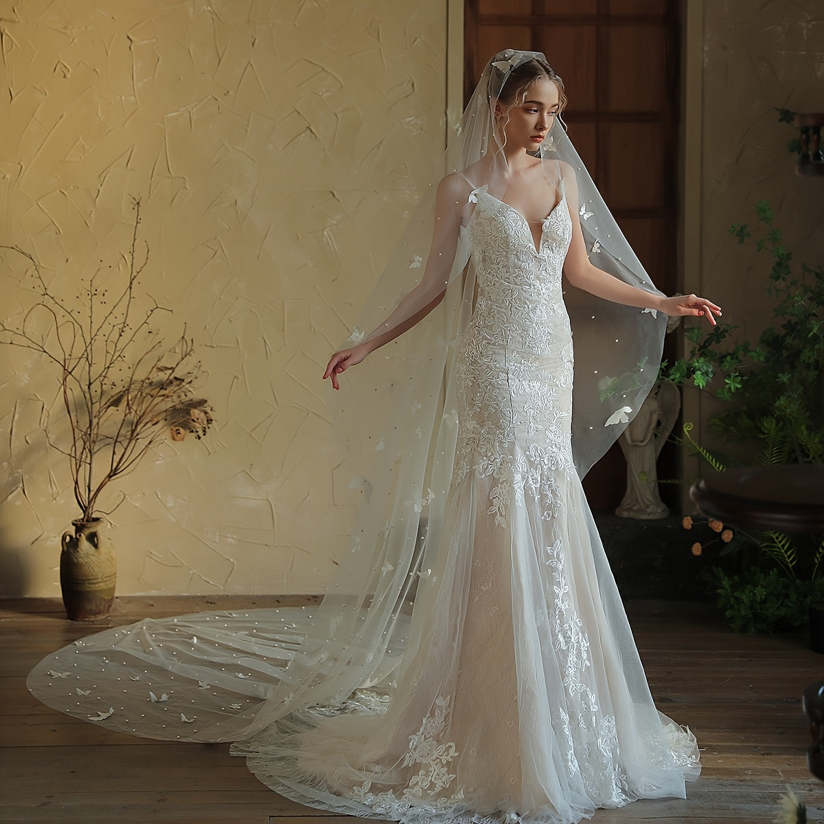 Butterfly Style Bridal Veil with Floral Embellishments Floor Length Wedding Veil