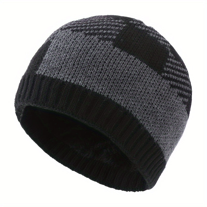 Winter Fleece Lining Plaid Knitted Beanie Hat for Men & Women