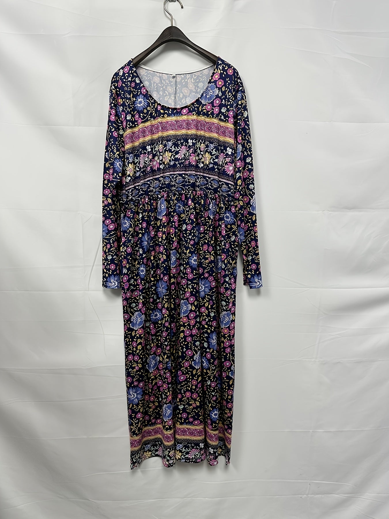  Boho Dress Colorblock Floral Print Long Sleeve Round Neck Dress
