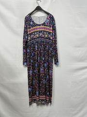  Boho Dress Colorblock Floral Print Long Sleeve Round Neck Dress