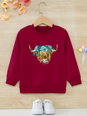 Floral Cow Graphic Girls Round Neck Sweatshirt