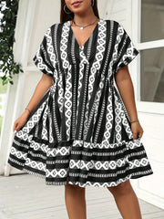  Colorblock Argyle Print Batwing Sleeve V Neck Mini Dress