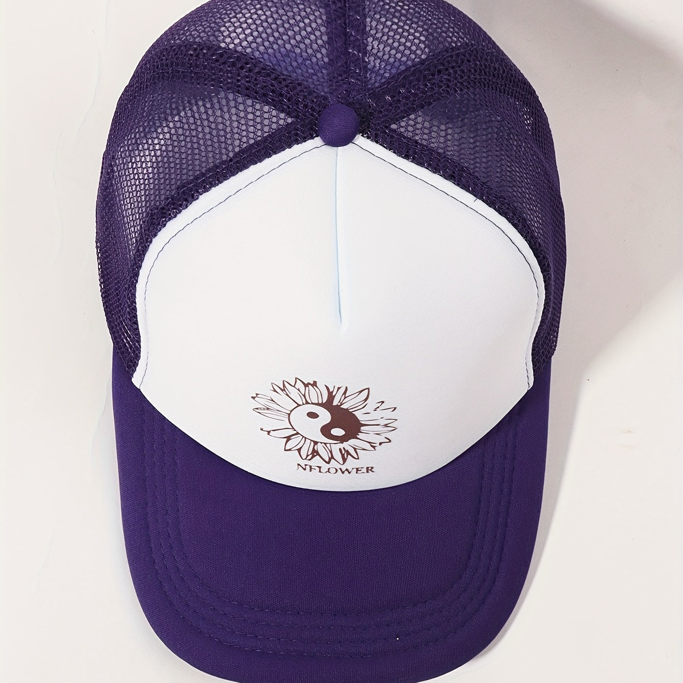 Sunflower Printed Trucker Hat Purple Mesh Baseball Cap Adjustable Dad Hats