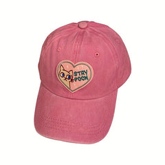 Cat Heart Embroidery Baseball Cap Pink Washed Distressed Sun Hat