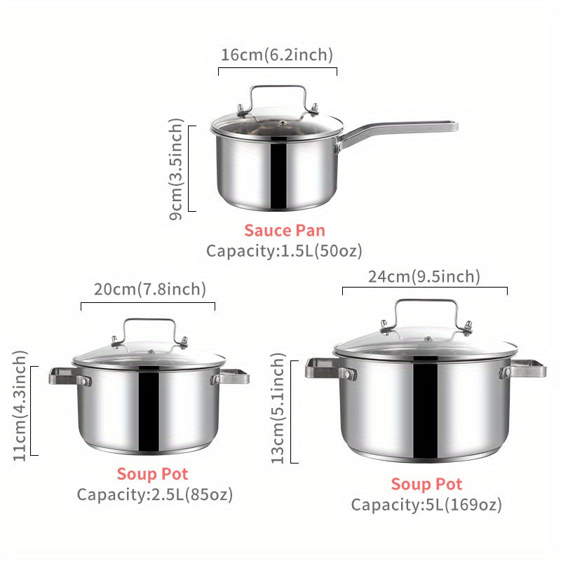 6pcs Stainless Steel Cooking Pot Set Glass Lid Saucepan Soup Pot