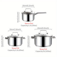 6pcs Stainless Steel Cooking Pot Set Glass Lid Saucepan Soup Pot