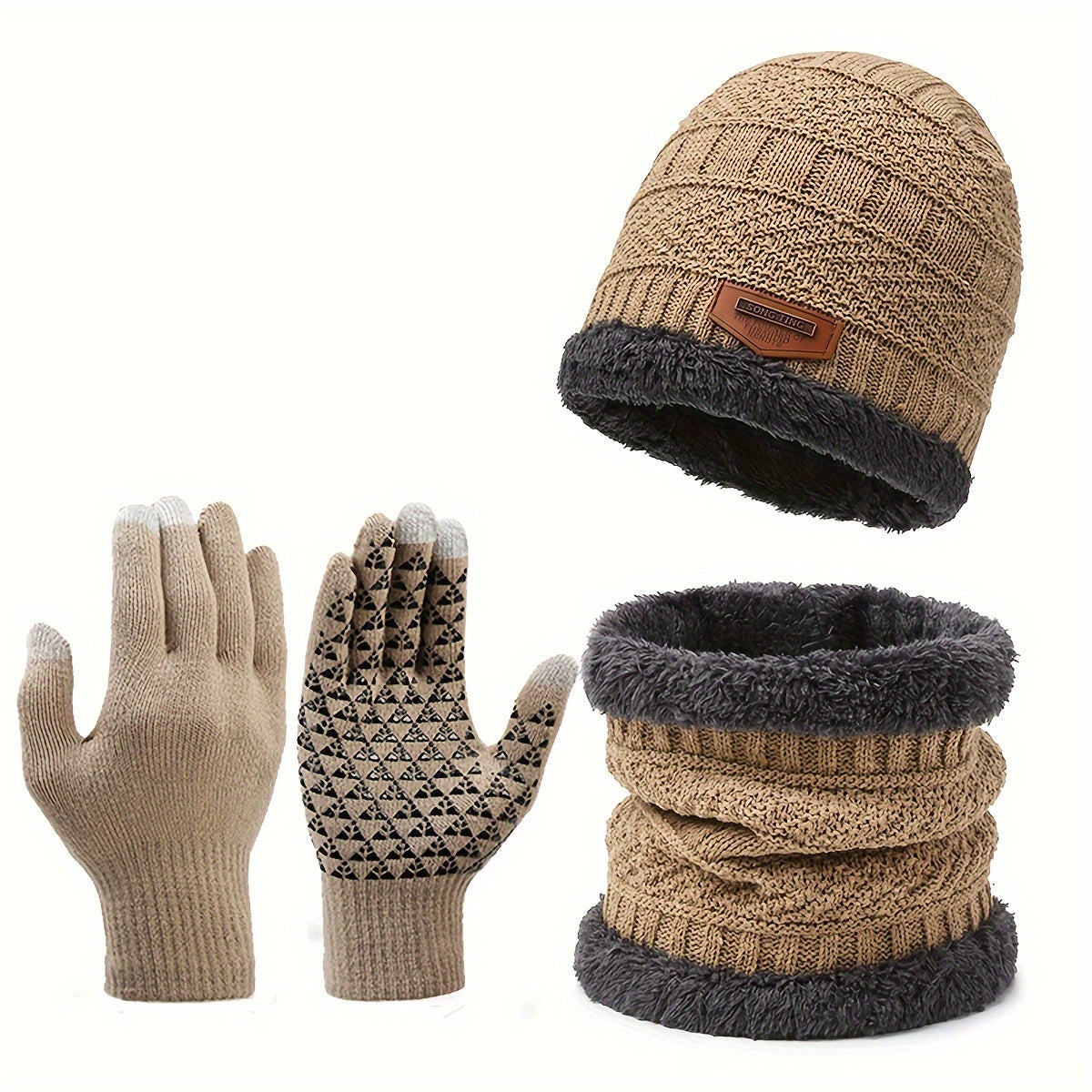 Winter Knitted Hat Scarf Gloves Set Velvet Neck Gaiter Touch Screen