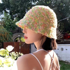 Colorful Straw Bucket Hat Boho Crochet Sunshade Cloche Hats